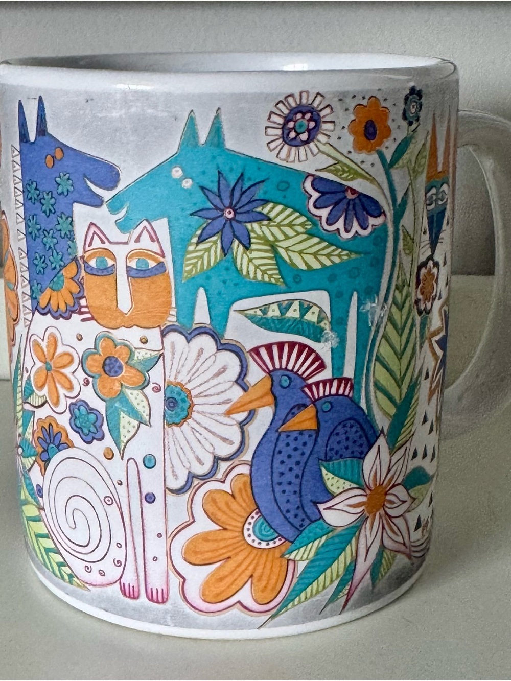 Lural BIRCH Colorful Floral & Animal Ceramic Mug Blue Teal Orange Ex Condition